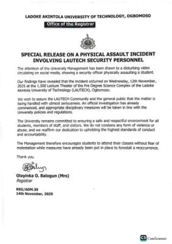 LAUTECH issues statement regarding an assault incident involving security personnel