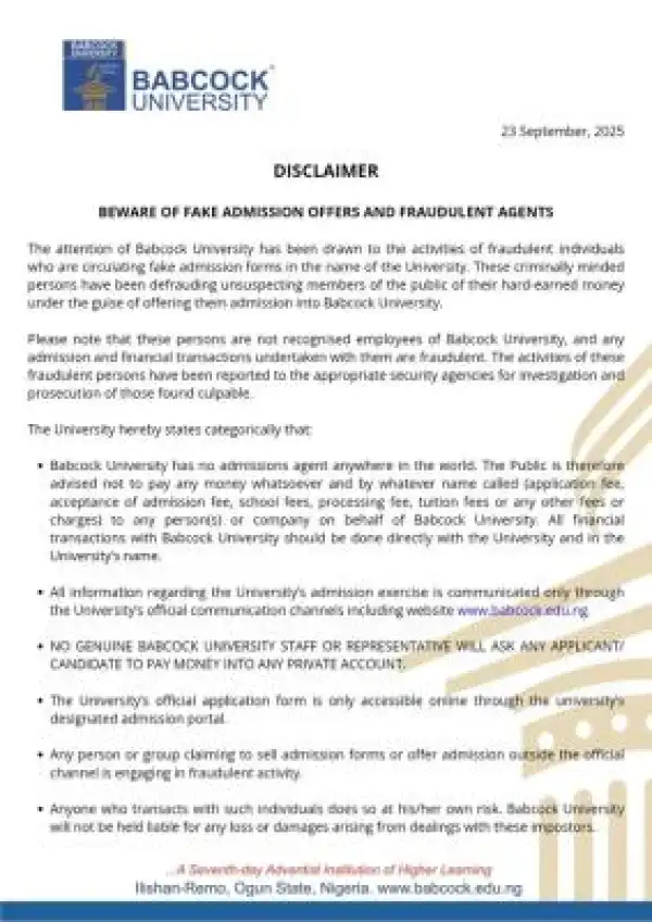 Babcock University warns prospective students on fake admission letters
