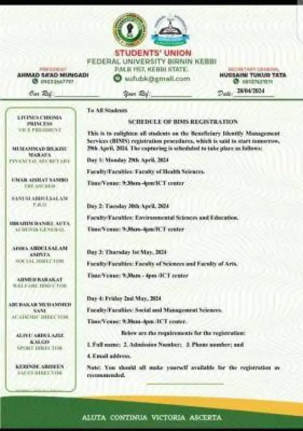 FUBK SUG notice on BIMS capturing schedule