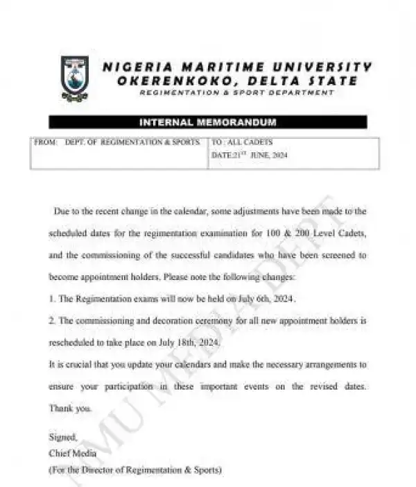 NMU announces adjustment to the scheduled regimentation exam for 100L & 200L cadets