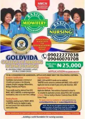 Goldvida College of Nursing Sciences, Enugu releases admission form, 2025/2026