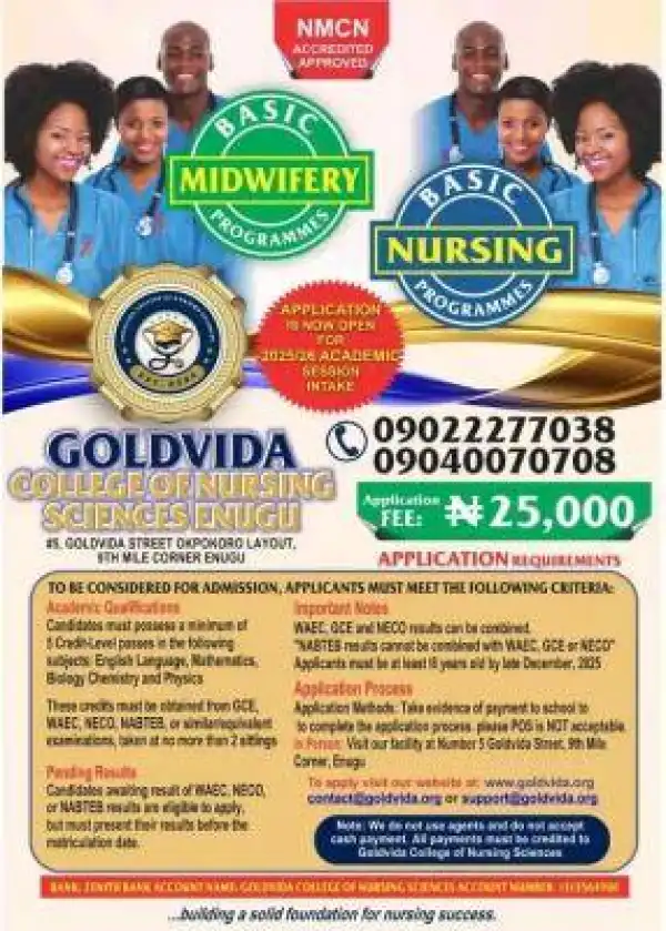 Goldvida College of Nursing Sciences, Enugu releases admission form, 2025/2026