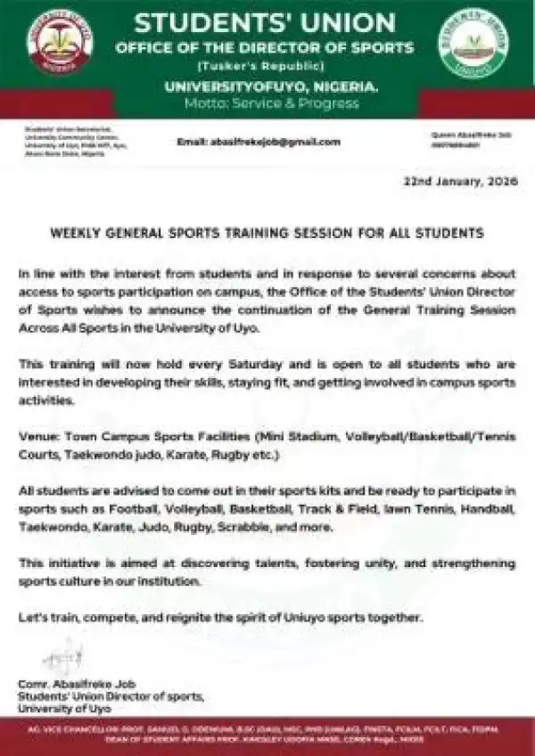 UNIUYO SUG announces resumption of weekly general sports training for students