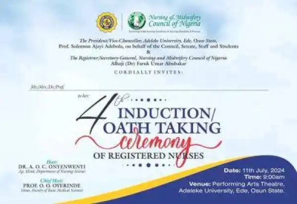 Adeleke University 4th Induction/Oath-Taking Ceremony for Graduating Nurses holds 11th July, 2024