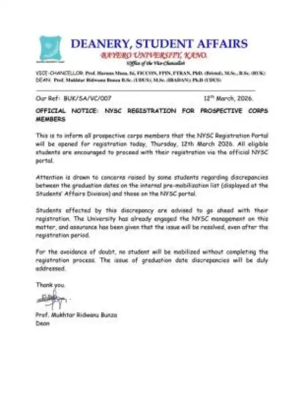 BUK notice to prospective corps members regarding NYSC registration