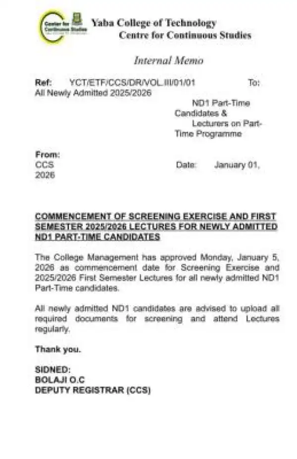 YABATECH notice to new part time students on screening and 1st semester lectures, 2025/2026