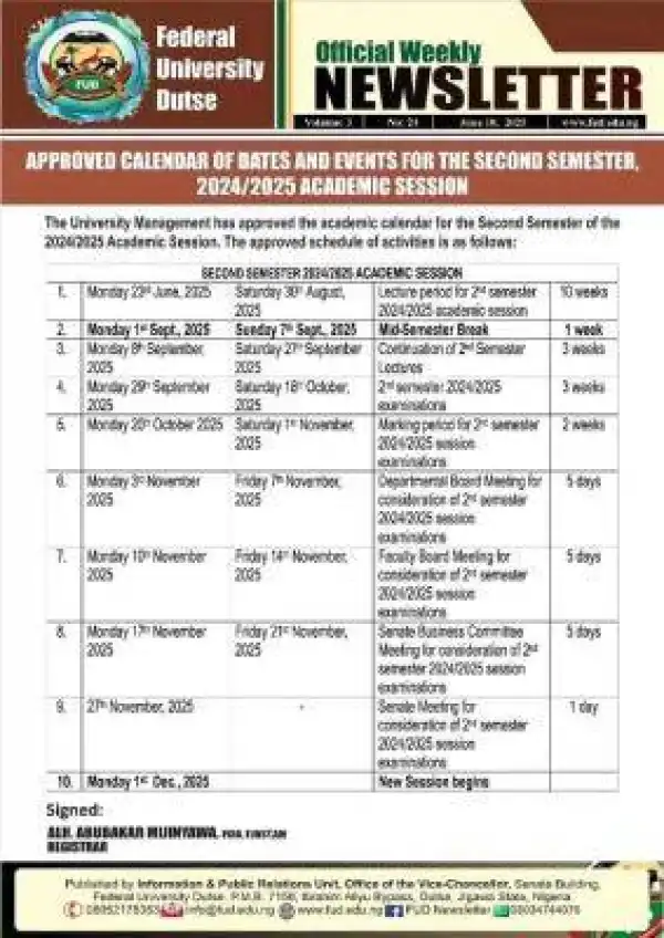 FUDUTSE releases second semester academic calendar, 2024/2025