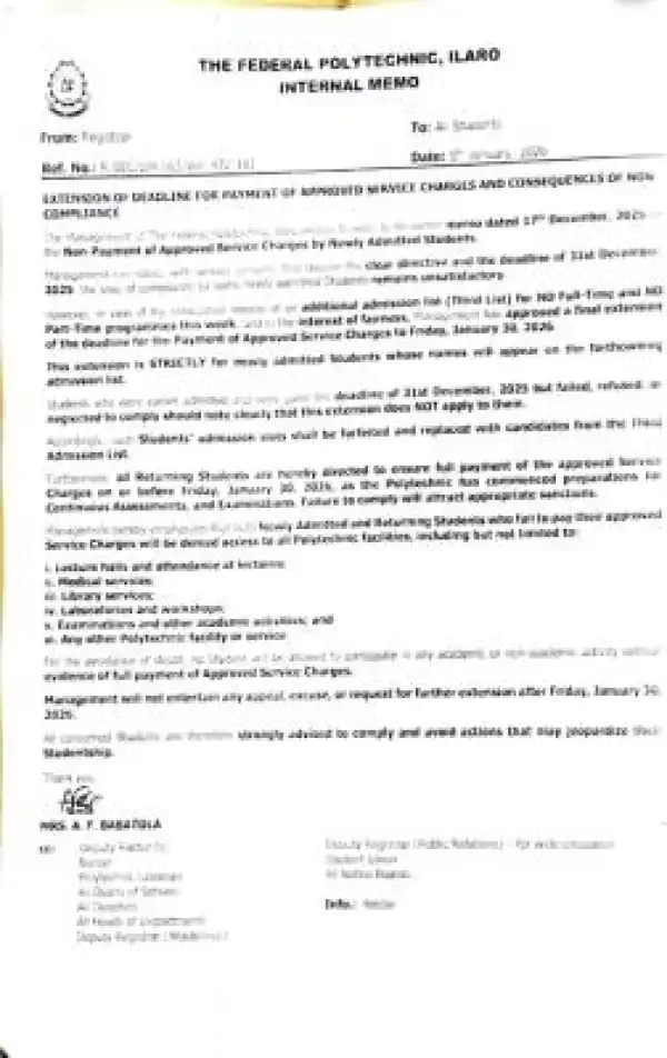 Federal Polytechnic, Ilaro extends service charges payment deadline for new students
