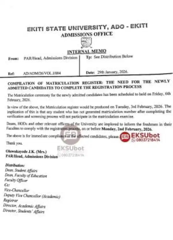 EKSU notice to newly admitted students on completion of registration process