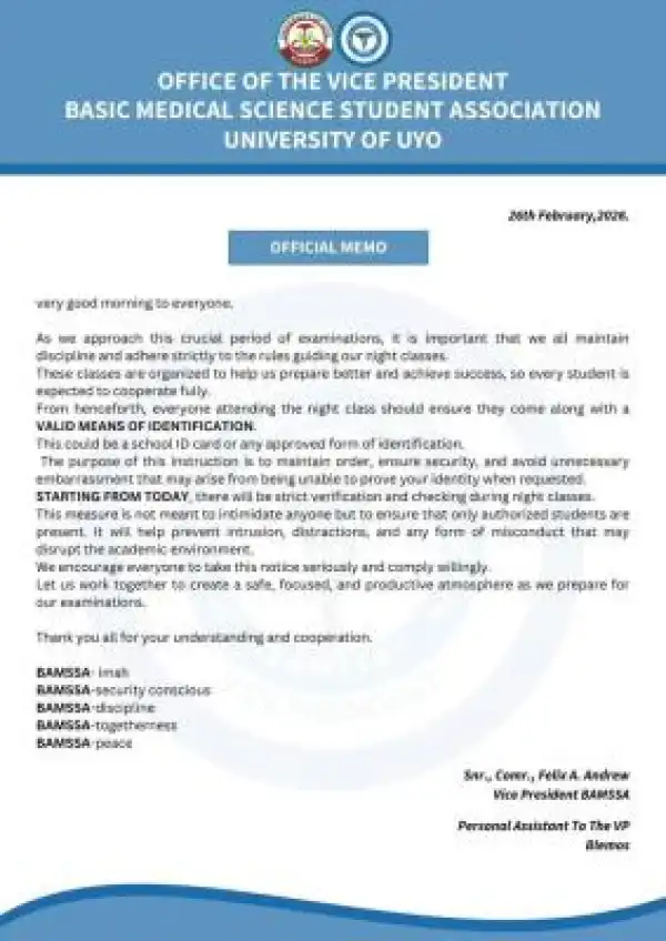 UNIUYO Faculty of Basic Medical Sciences notice on carrying of ID cards during night classes