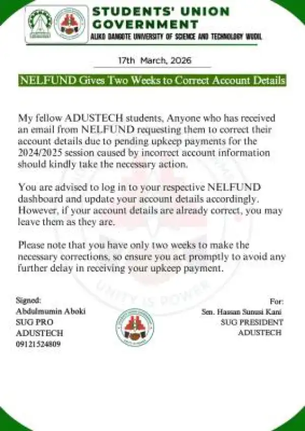 ADUSTECH notice to students on correction of NELFUND account details