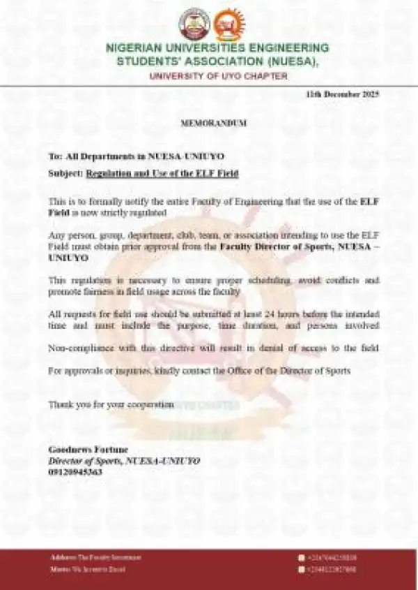 UNIUYO Faculty of Engineering notice to students on the use of the ELF Field