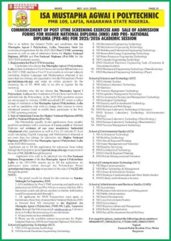 IMAP releases HND/Pre-ND admission form, 2025/2026