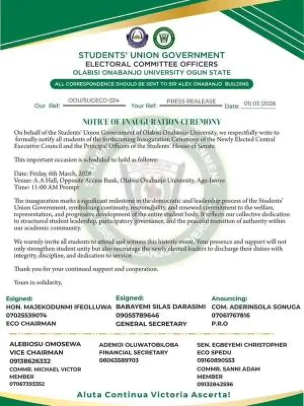 OOU SUG announces Inauguration Date for Newly Elected Student Leaders