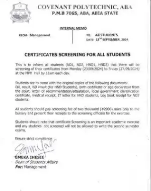 Covenant Polytechnic notice of certificate screening for all students