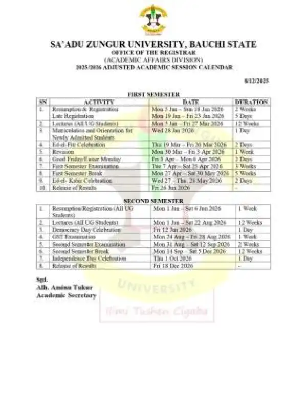 SAZU releases adjusted academic calendar for 2025/2026 session