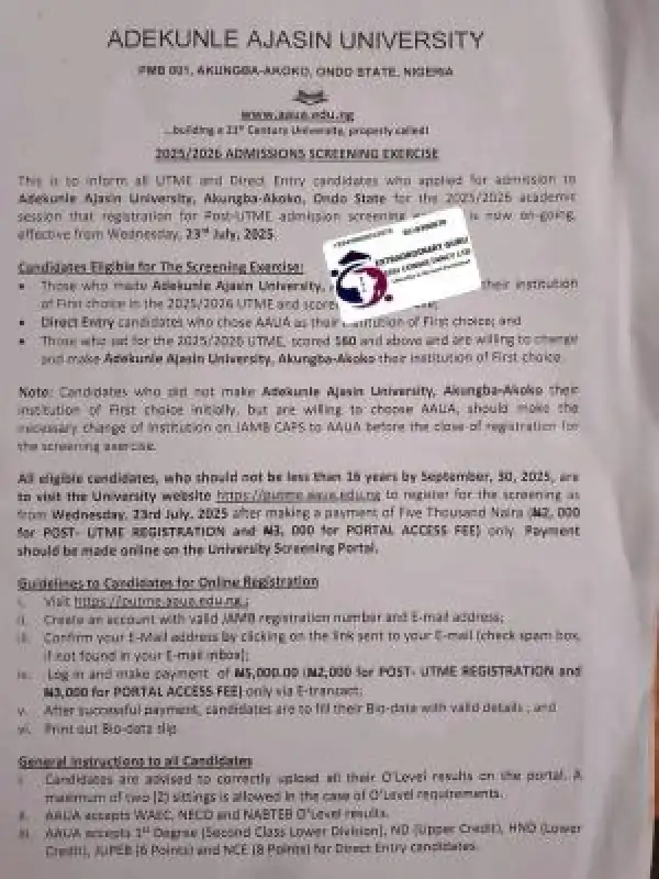 AAUA Post-UTME/DE 2025: cut-off mark, eligibility and registration details