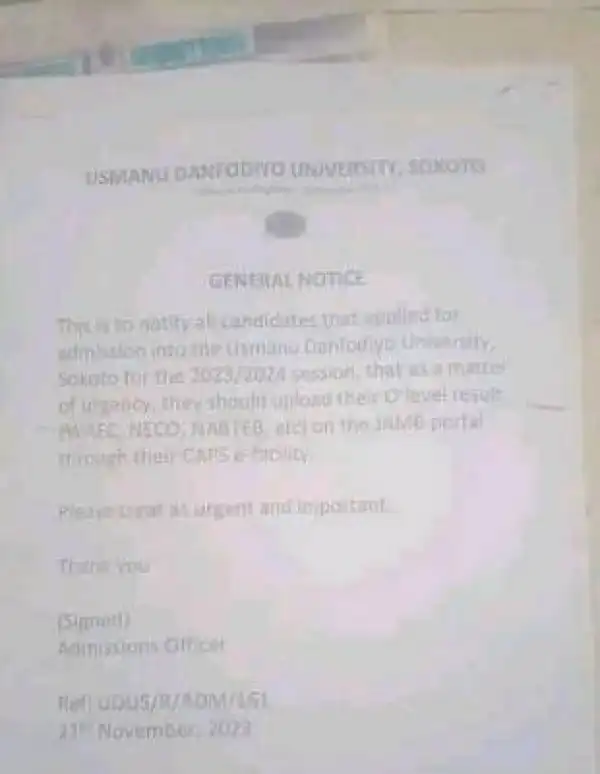 UDUS notice to applicants on uploading of O