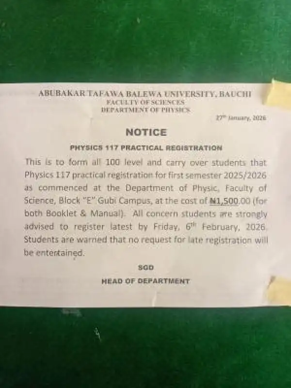 ATBU Dept. of Physics notice on Physics 117 registration