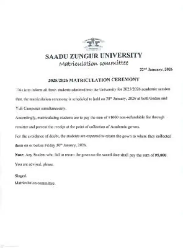 Sa’adu Zungur University announces 2025/2026 matriculation ceremony