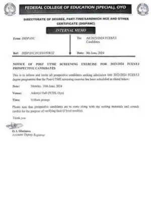 UI-FCES Oyo notice on PostUTME screening Date, 2023/2024