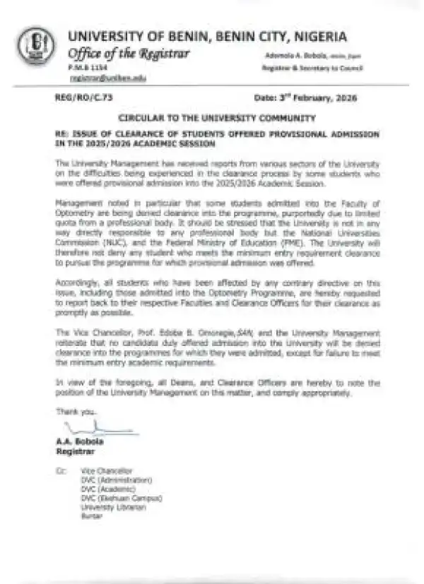UNIBEN issues notice to newly admitted students on clearance exercise, 2025/2026 session