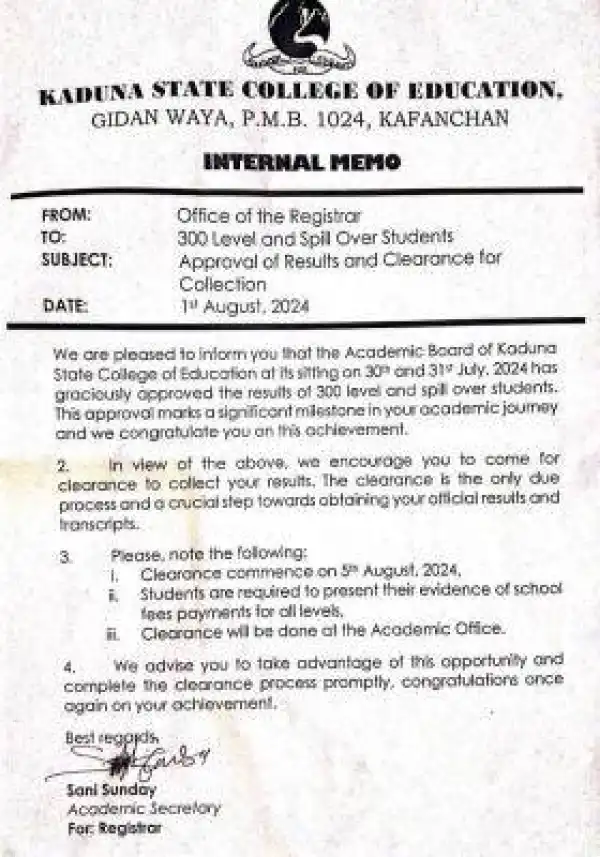 Kaduna State COE notice to 300L & spill over students