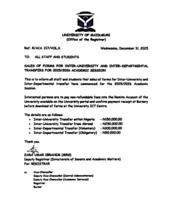 UNIMAID announces sales of transfer forms