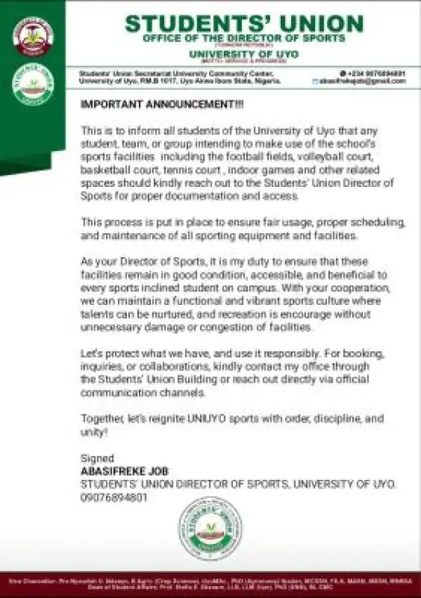 UNIUYO SUG issues new guidelines for use of sports facilities