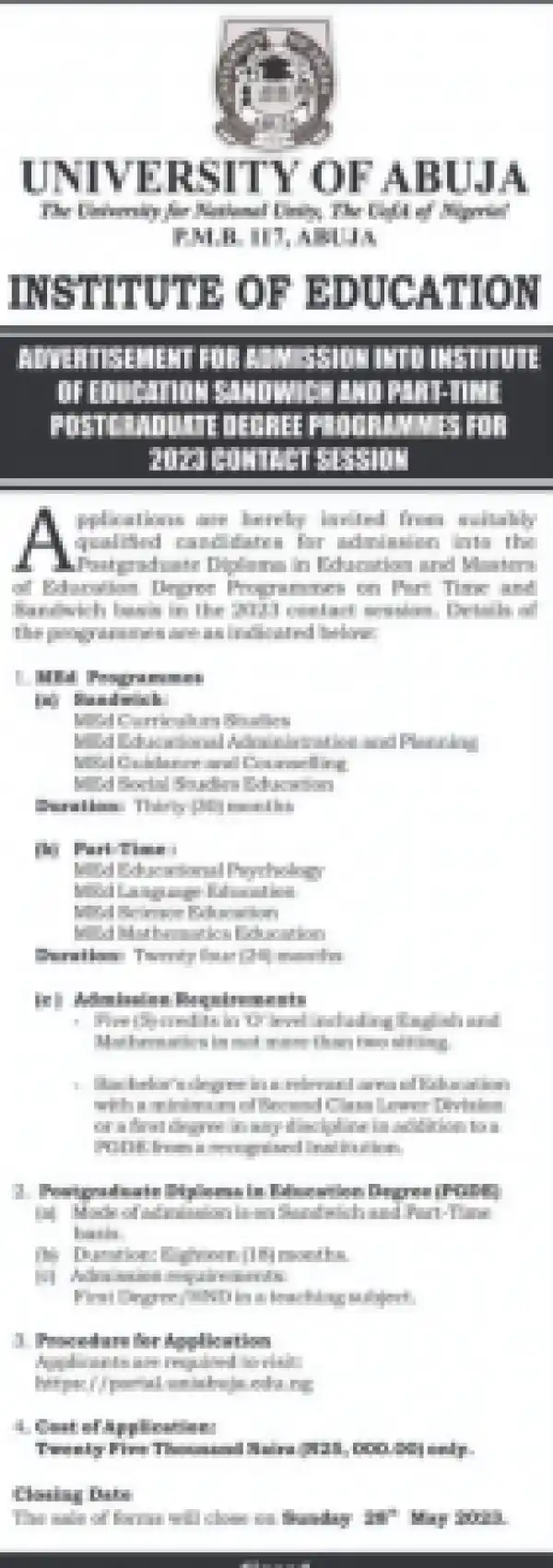 UNIABUJA Institute of Education Sandwich and Part-Time Postgraduate admission, 2023