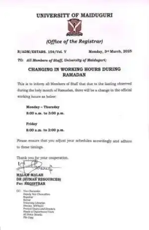 UNIMAID notice on Ramadan office hours