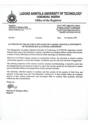 LAUTECH notice on the security situation within the campus