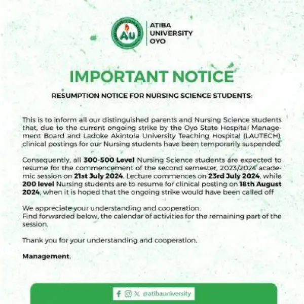Atiba University notice of 300-500 Level Nursing Science students resumption
