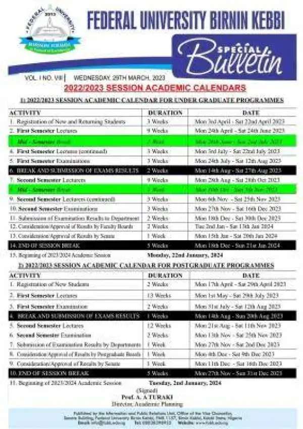 FUBK Academic Calendar For 2022/2023 Session