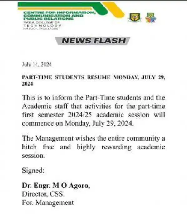 YABATECH notice of resumption for part time students, 2024/2025