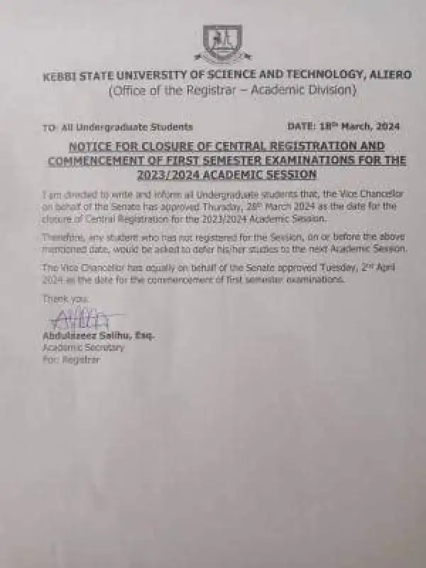KSUSTA notice on closure of Registration and commencement of first semester exams
