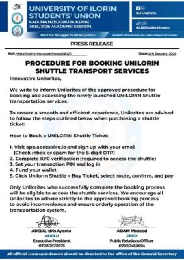 UNILORIN Students’ Union releases Procedure for booking shuttle transport services