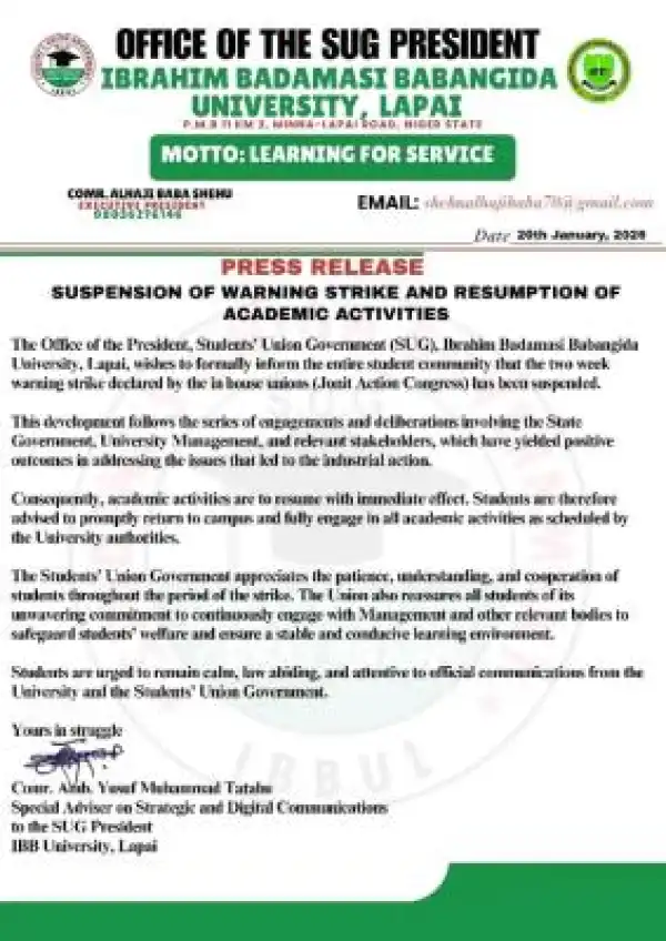 IBBU SUG notice on suspension warning strike by JAC and resumption of academic activities