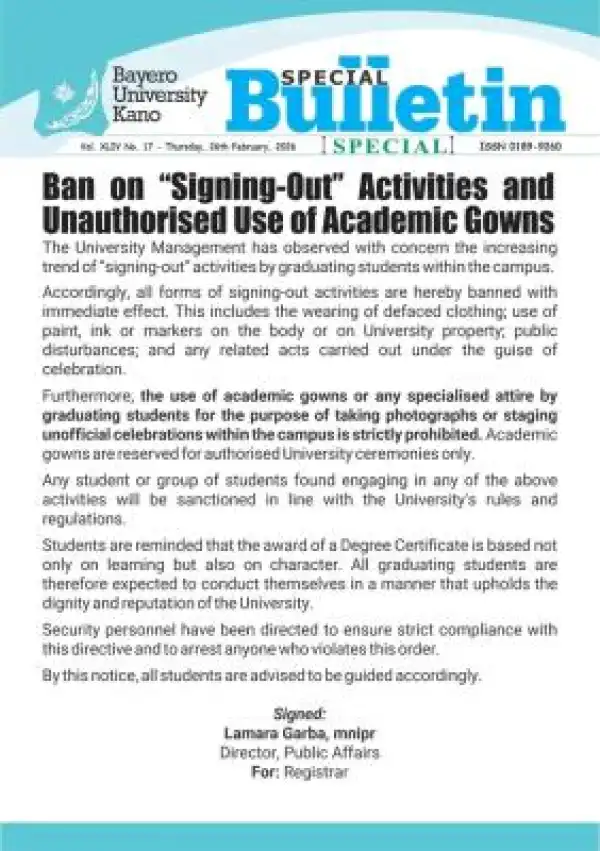 BUK imposes immediate ban on signing-out celebrations and unauthorised use of academic gowns