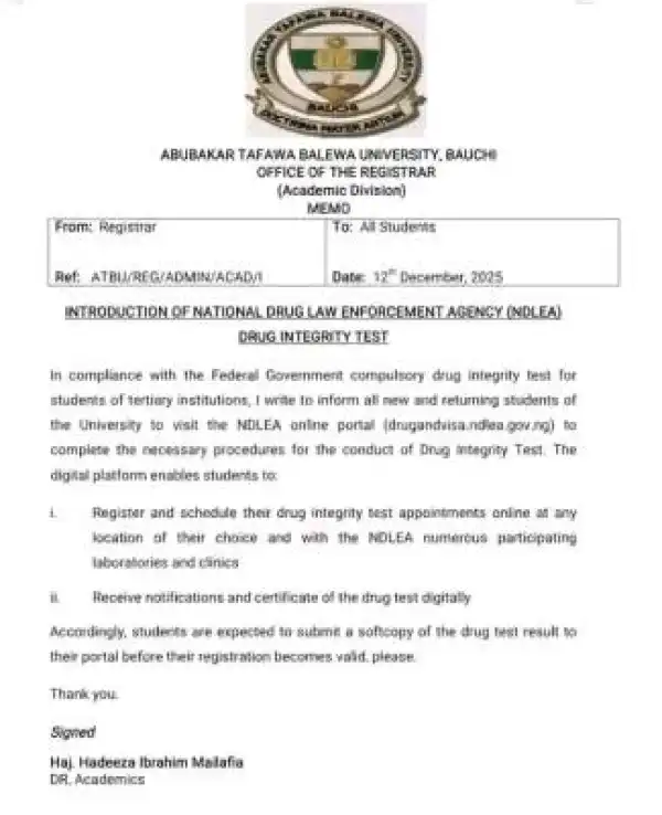 ATBU notice to students on mandatory drug integrity test