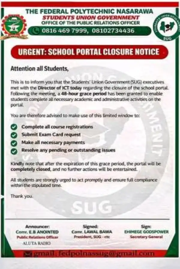 Federal Polytechnic, Nasarawa SUG notice on closure school portal for registration