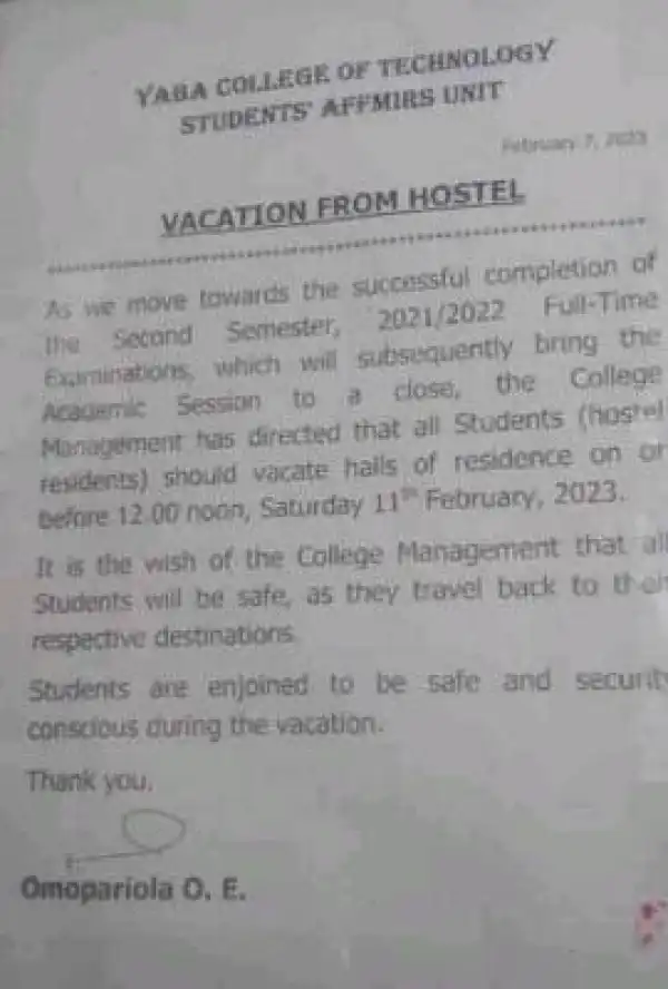 YABATECH notice on vacation from hostel