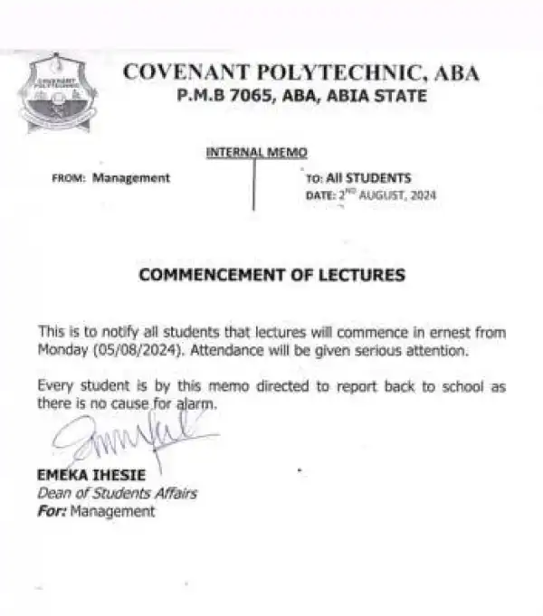 Covenant Polytechnic notice on commencement of lectures