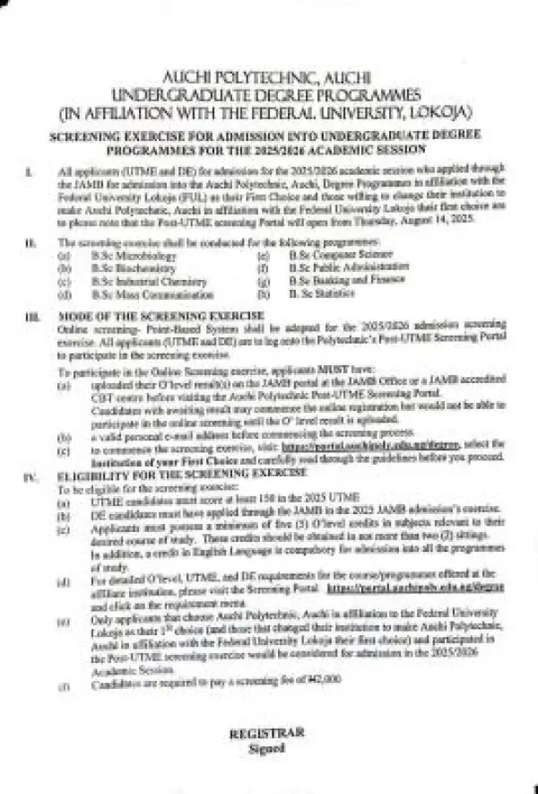 Auchi Poly (affiliated to FULOKOJA) Post-UTME 2025: Cut-off mark, eligibility and registration details