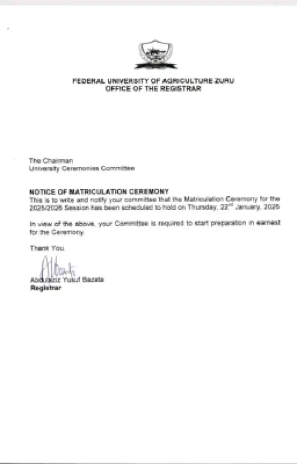 Federal University of Agriculture, Zuru announces matriculation ceremony, 2025/2026
