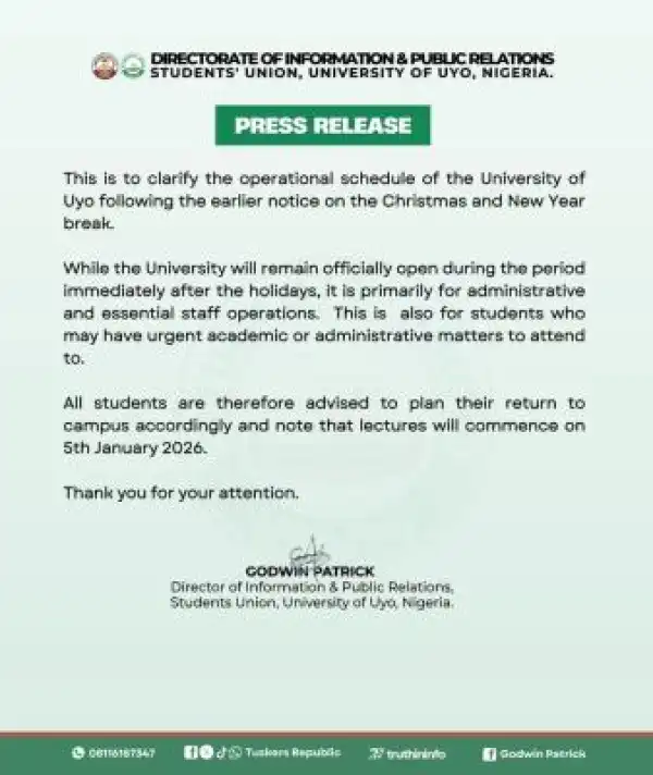 UNIUYO update regarding the Christmas and New year break