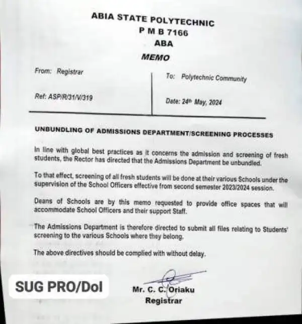 Abia Poly notice on unbundling of admissions and screening processed