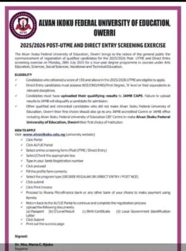 Alvan Ikoku Fed. University of Education Post-UTME/DE 2025: Cut-off mark, Eligibility & Registration Details