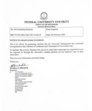 FUOYE notice to graduating students on collection of Transcripts