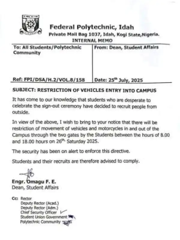 Federal Polytechnic, Idah issues notice on restrictions of vehicles in campus